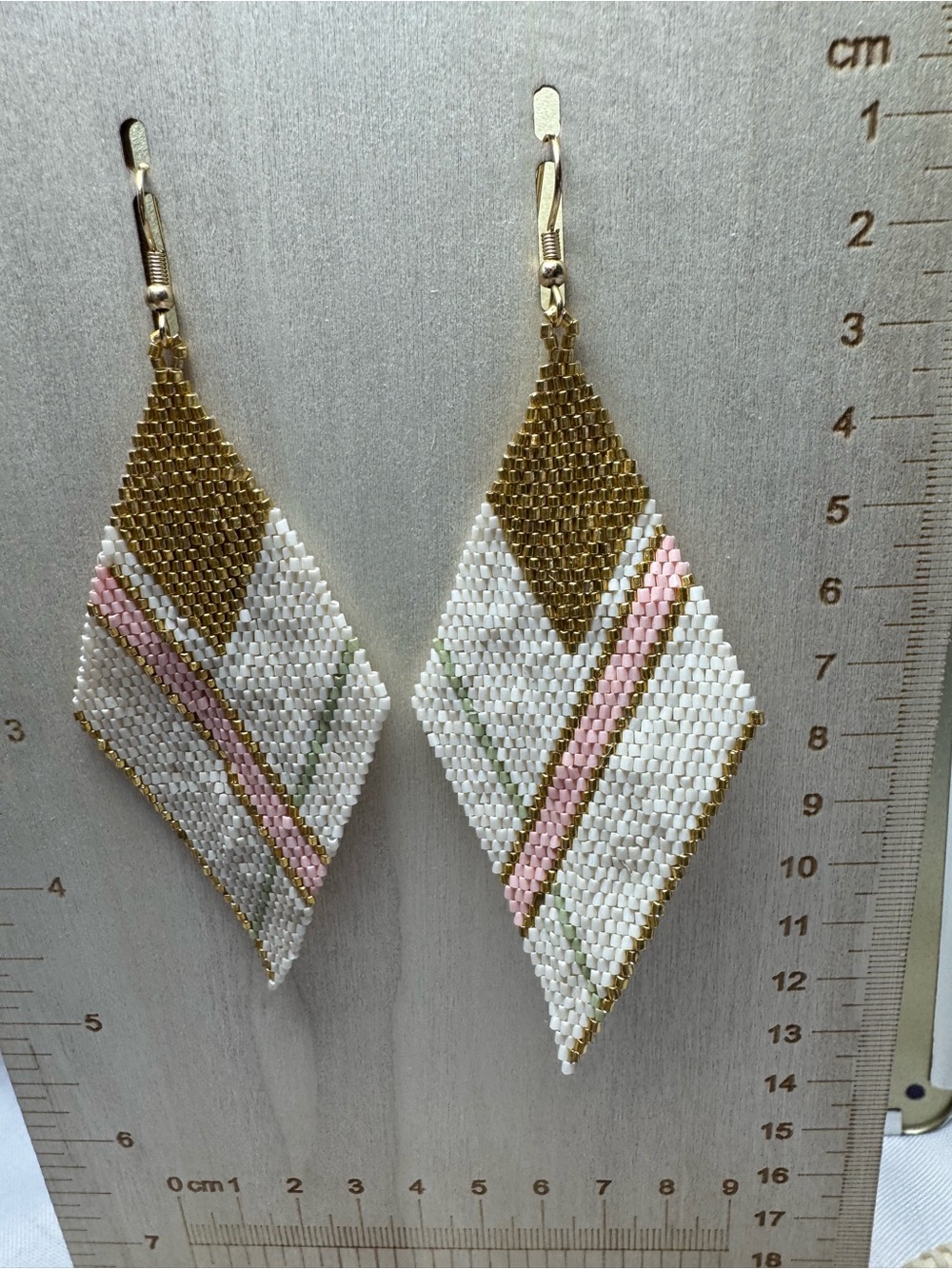 ★ Boho Beaded Diamond Earrings Ivory Pink Gold Statement Jewelry - Picture 4 of 4